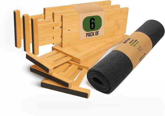 Adjustable Bamboo Drawer Dividers 6 Pack, Expandable Drawer Organizer for Kitchen, Bedroom, Bathroom and Dresser, Each Divider Expands from 12" to 17.5" Height 4.5 – Free Mat Included in Package.