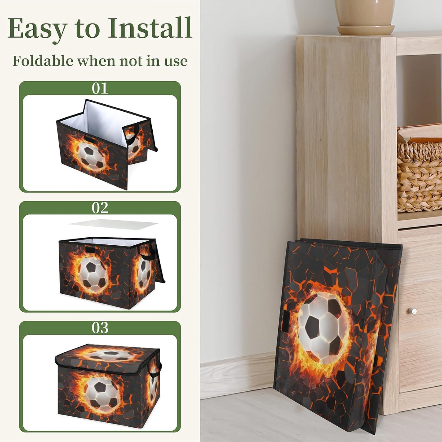 Closet Storage Bins Storage Baskets for Organizing with Flip-Top Lid & Handles, 27 Quart Large Linen Closet Organizers and Storage Cubes, Decorative Wardrobe Boxes for Organization (Cool Soccer)