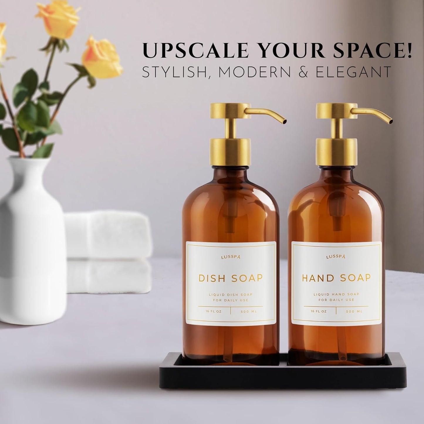Lotion, Hand & Dish Soap Dispenser for Kitchen Sink - Bathroom Soap Dispenser Set of 2 16.8 Oz Glass Bottles with Stainless Steel Pump, 15 Water Proof Labels & Silicon Tray (Amber/Gold)