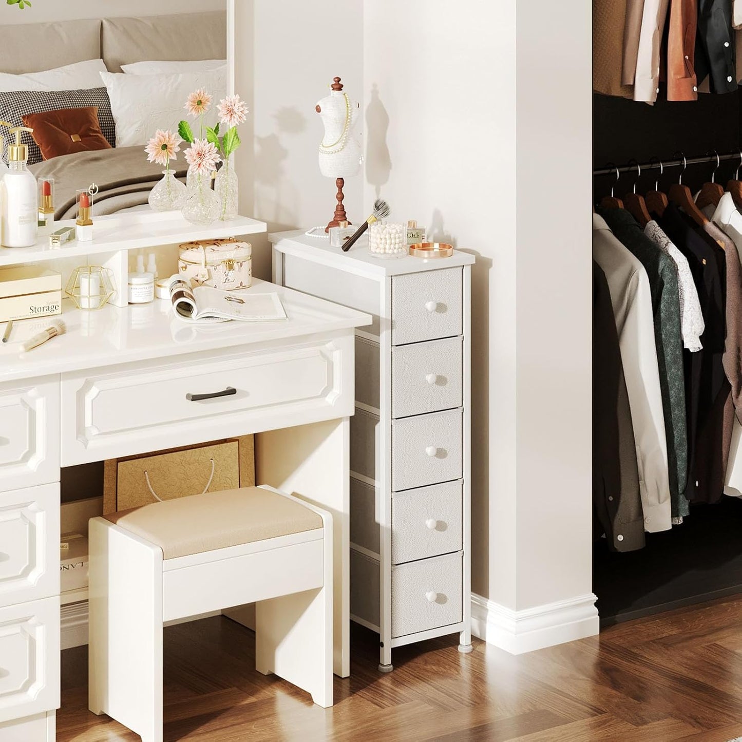 Narrow Dresser, 19" Wide Narrow Nightstand Dresser Storage Tower with 5 Drawers, Slim Fabric Dressers Chest of Drawers for Small Spaces, Wood Top & Fabric Bins for Bedroom Bathroom Closet (White)