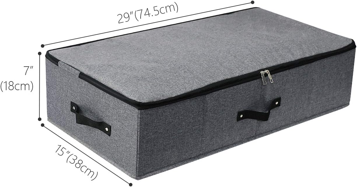 2PCS Foldable Under Bed Storage Box with Plastic Support Liner, Handles, Zipper lid, Blankets Clothes Comforters Storage Bin Organizer for Bedroom and Closet, 29×15×7inch, Black Grey