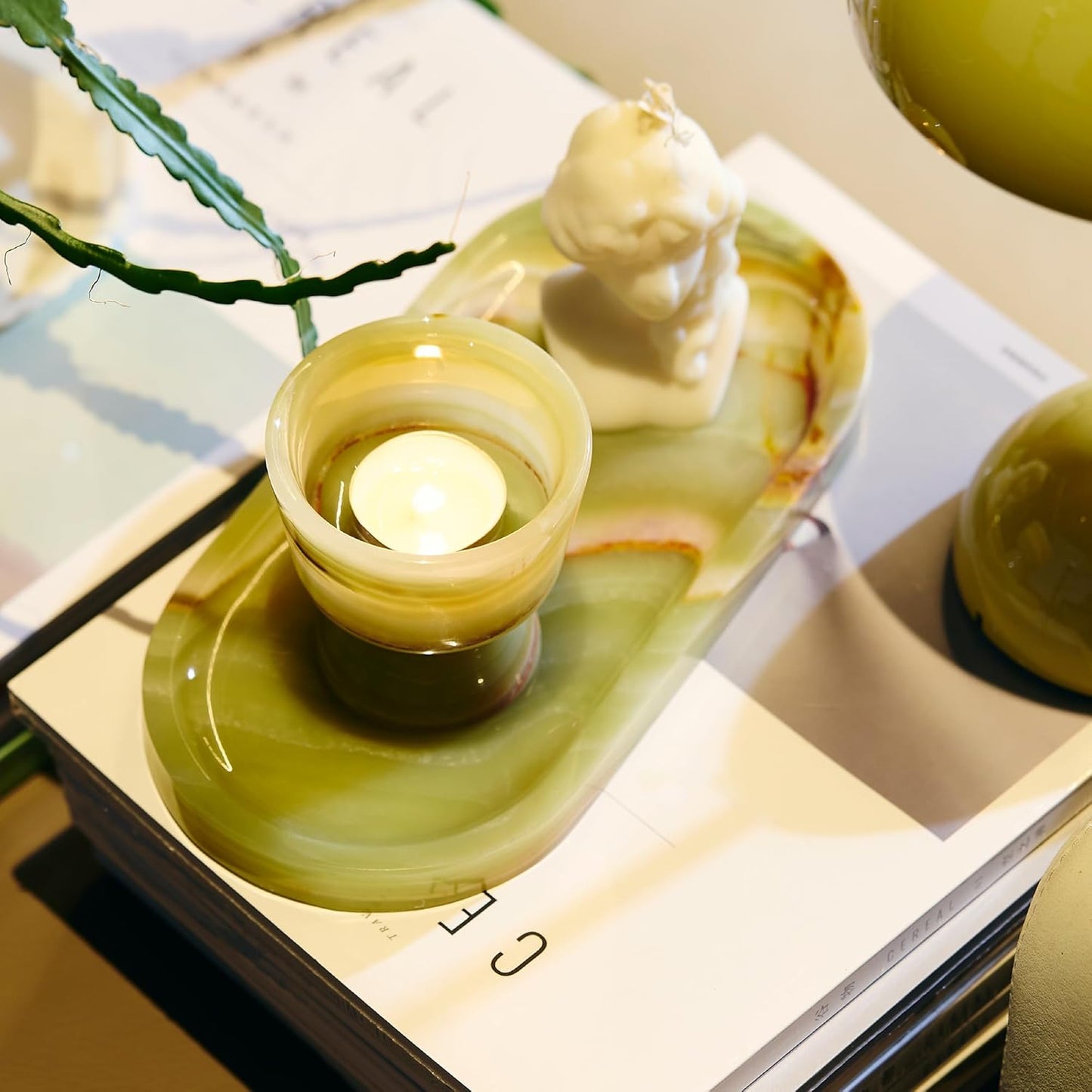 Natural Marble Decorative Tray for Countertop Organizer,Vanity Tray Trays for Jewelry Perfume Candle, Luxury Oval Stone Dish for Bathroom, Bedroom, 9.8"x4.4" Catchall Tray, Peridot