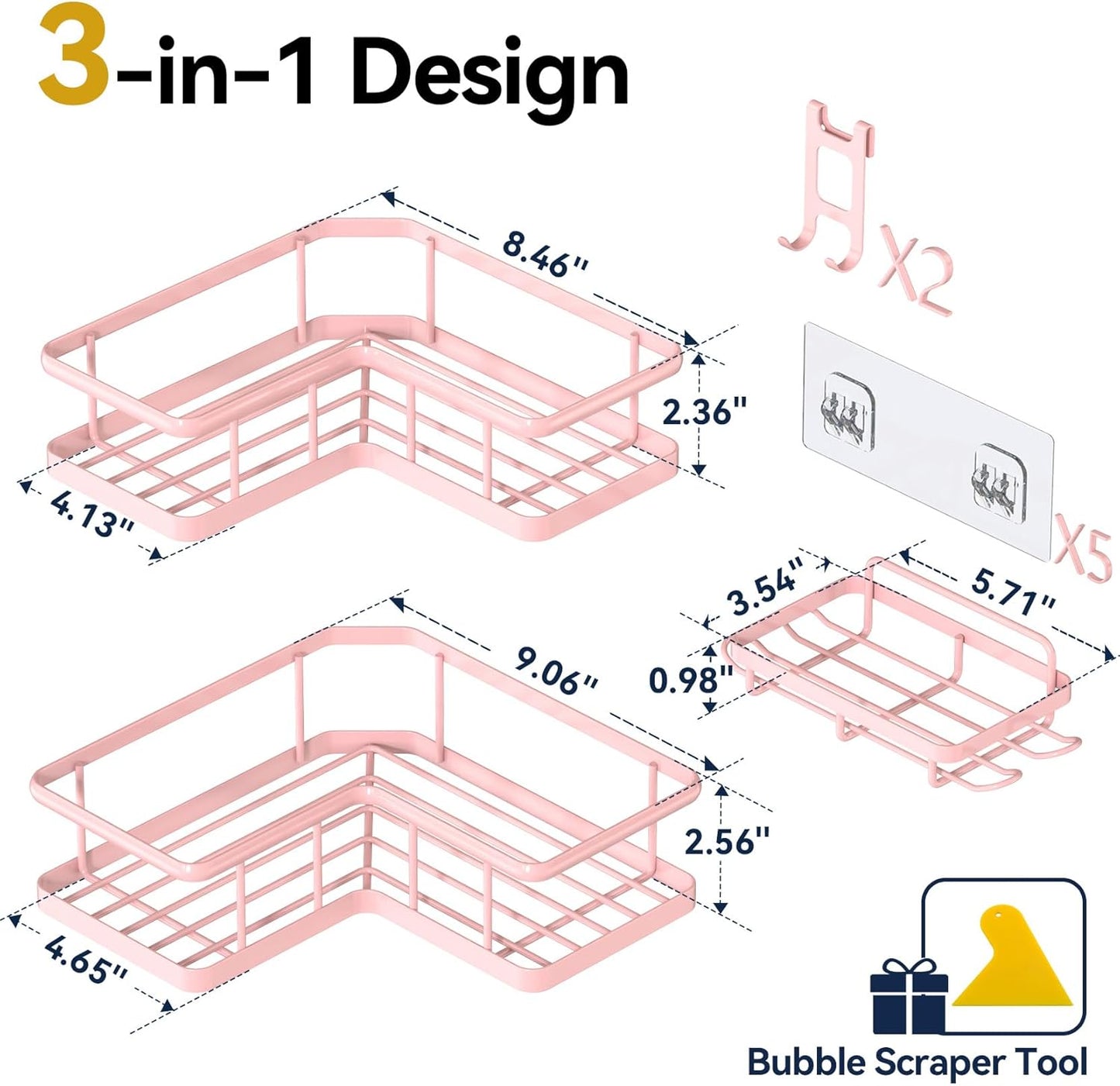 YASONIC Shower Caddy Corner, 3-Pack Adhesive Rustproof Stainless Steel Shower Shelves with Soap Holder, No Drilling Shower Organizer Corner for Dorm, Renters Bathroom, Pink