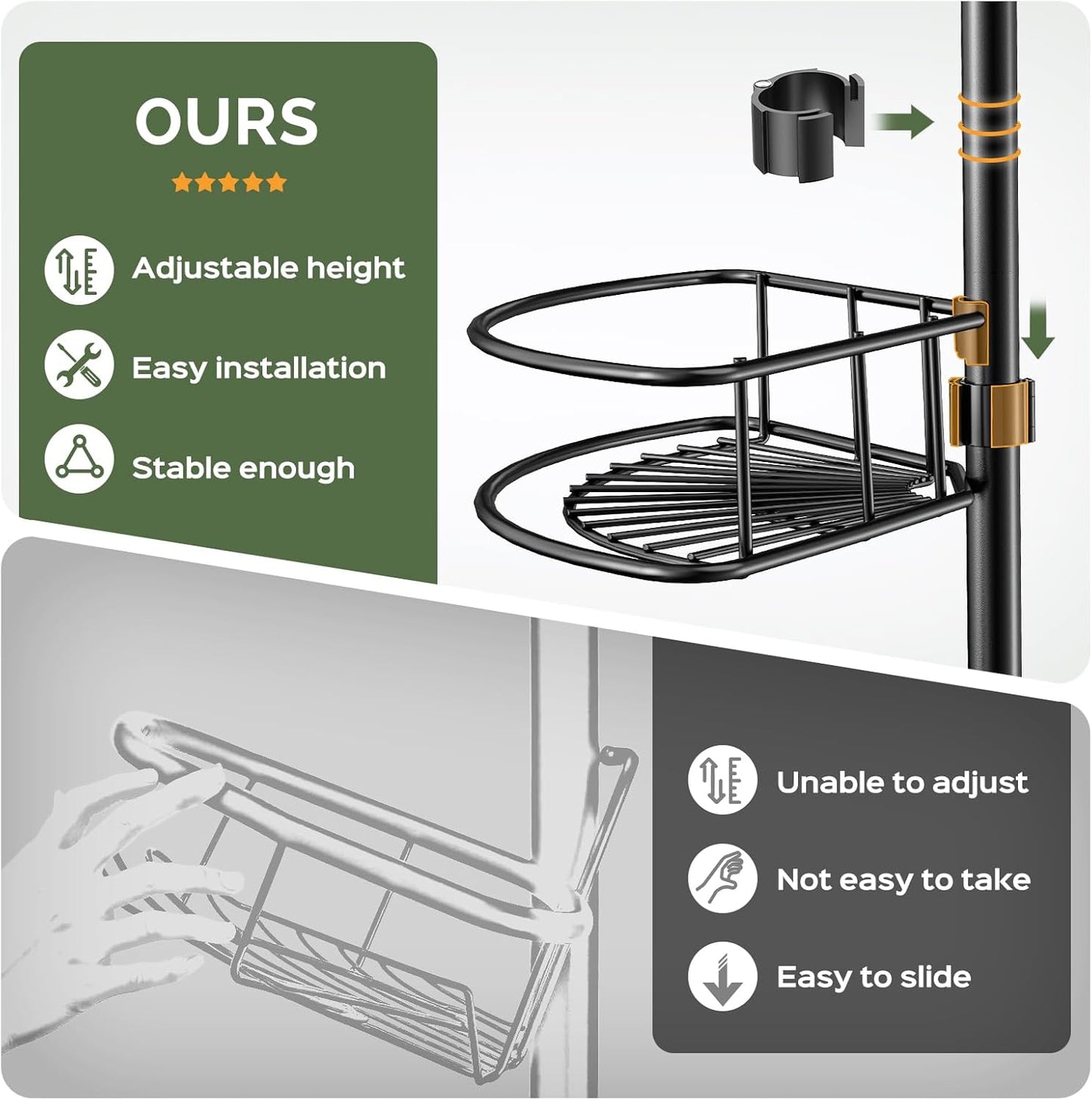 HAMITOR Corner Shower Caddy Tension Pole: 4-Tier Rust-Resistant Adjustable Bathroom Organizer Shelves - 47-121 Inch No-Drill Quick Installation - Space-Saving Storage for Renters Families - Black