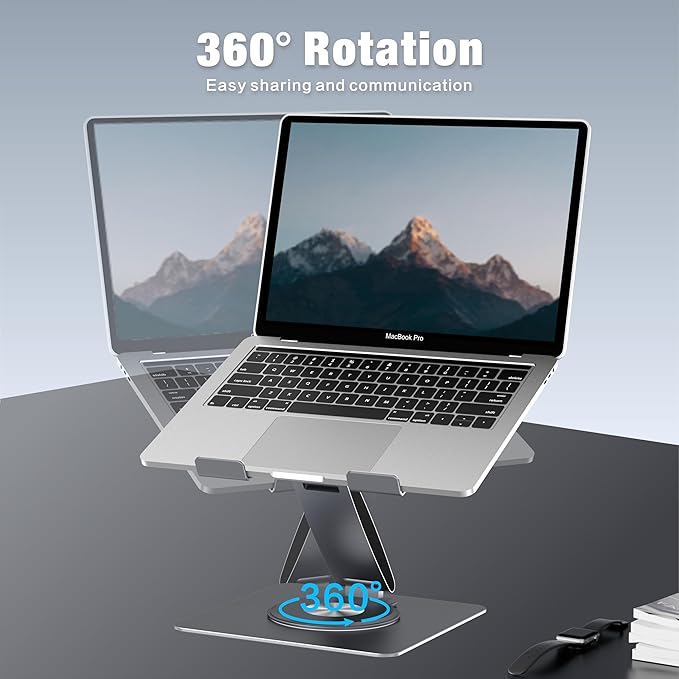 Adjustable Laptop Stand for Desk with 360° Swivel Base, Aluminum Laptop Holder, Foldable Ergonomic Laptop Cooling Riser, Supports up to 18 Pounds, for Macbook Air/Pro Dell/HP and All Laptops 7-15.6"
