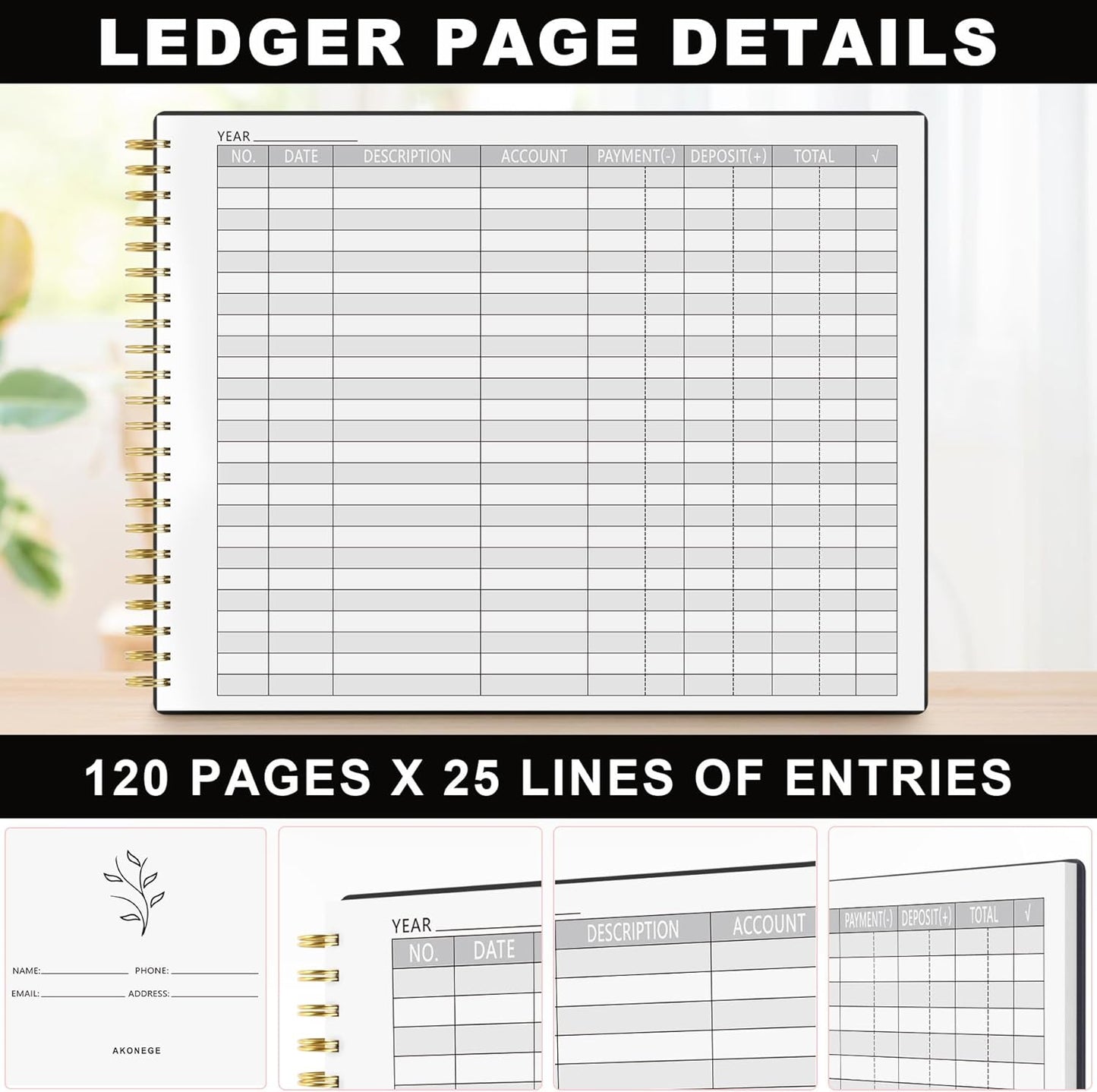 Accounting Ledger Book for Small Business Bookkeeping & Personal Use, Horizontal Expense Tracker Notebook for Family Budget, Bookkeeping Record Book Money Expense & Income Log Journal, Black