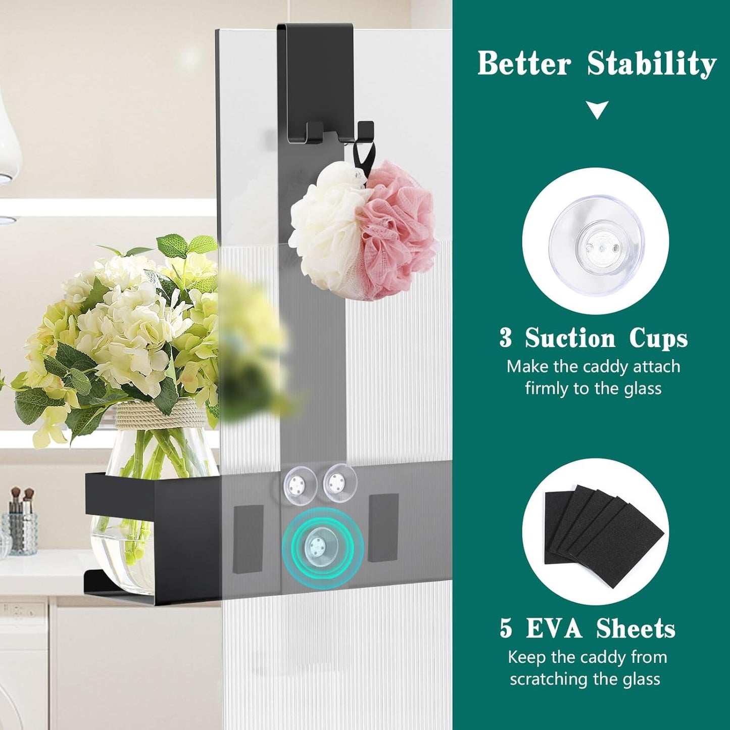 Emibele Over The Door Shower Caddy, 304 Stainless Steel Hanging Shower Caddy Rustproof Shower Shelves, No Drilling Hanging Shower Organizer for Bathroom Glass Door, Black