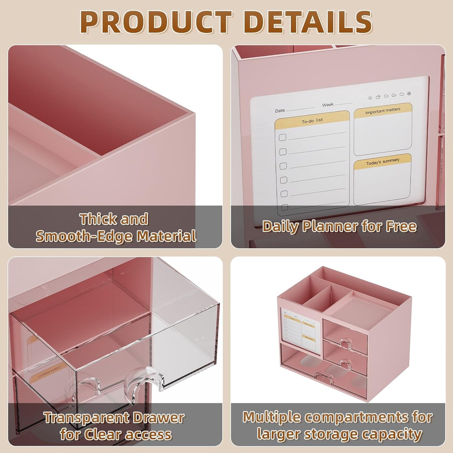 Marbrasse Desk Organizer with 3 Drawer, Multi-Functional Pencil Pen Holder for Desk, Desk Organizers and Accessories with 4 Compartments, Desktop Organizer Storage for Office Home Art Supplies (Pink)