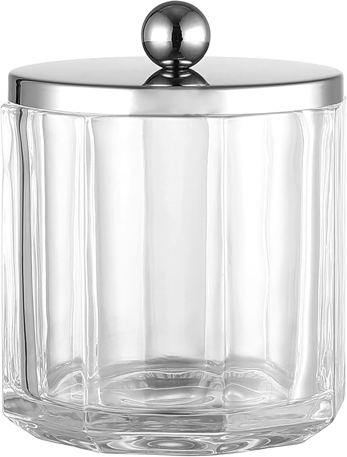 Clear Transparent Apothecary Octagional Shaped Glass Canister Jar With Silver/Chrome Metal Lid Cover for Bathroom Organization, Cotton Balls, Q Tips, and Small Accessories, Bath Storage