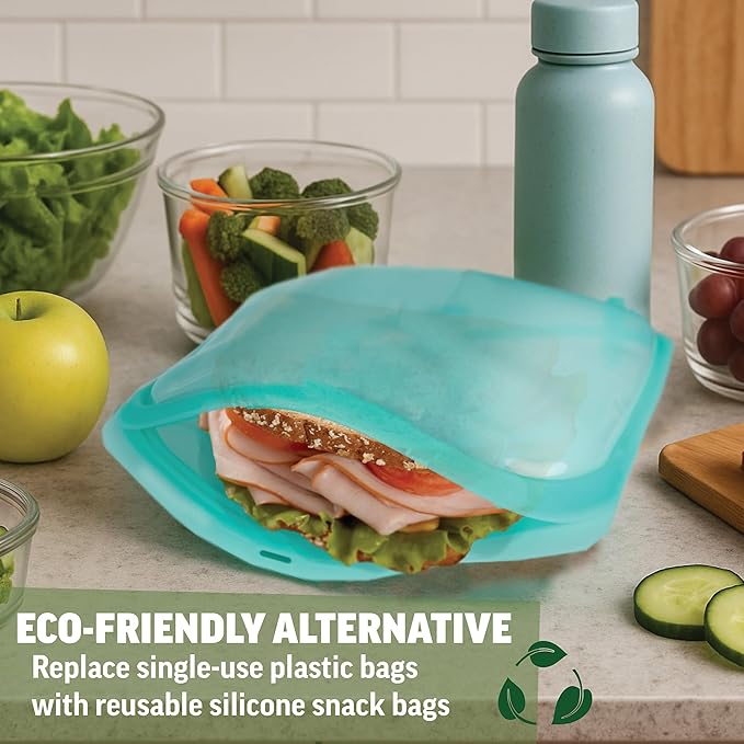 Zenlogy Reusable Silicone Snack Bag, Air-Tight Multi-Use, Freezer and Microwave Safe Food Storage Containers, Eco-Friendly alternative to plastic bags, 4 Pack (1 Snack, 2 Sandwich, 1 Half Gallon Size)