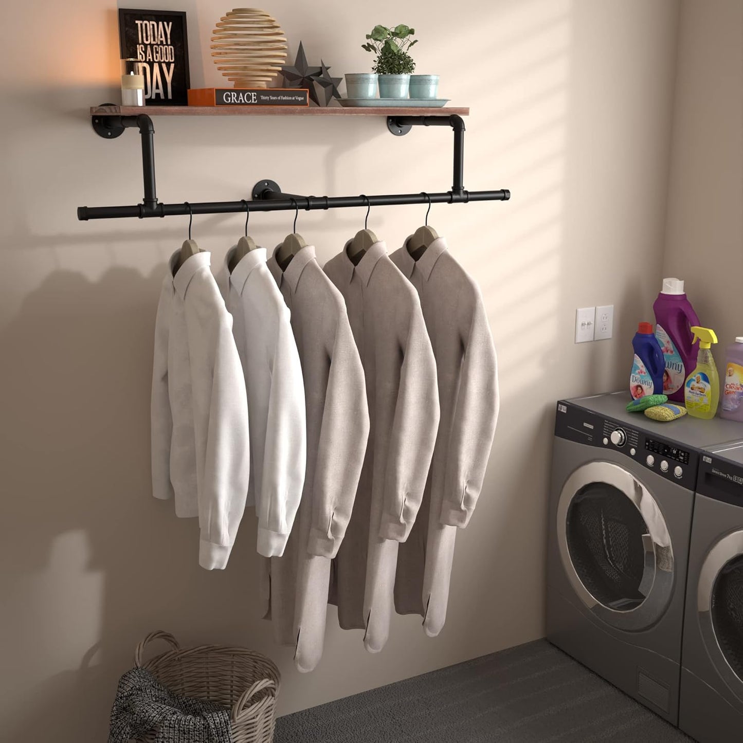 36In Industrial Pipe Clothing Rack with Top Shelf, Space-Saving Wall Mounted Clothes Rack, Shelf with Hanging Rod for Closet Storage, Laundry Room. (1T, Brown)…
