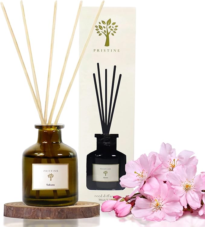 PRISTINE Sakura Reed Diffuser for Home | Cherry Blossom Flower Sakura Oil Diffuser & Reed Diffuser Sticks with Essential Oil Reed Diffuser Set | Home & Office | Perfect Blend for Calming & Restoring