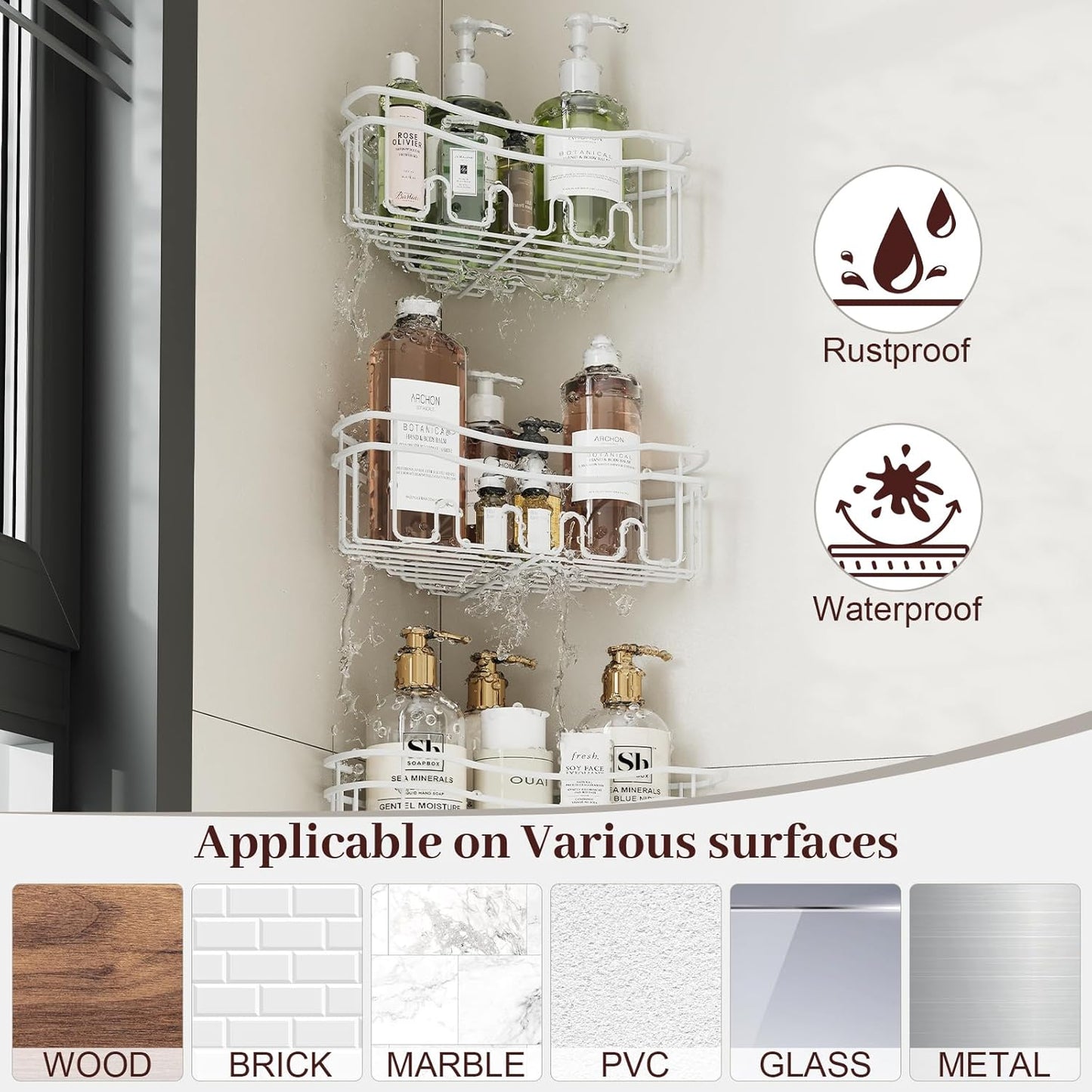 white corner shower caddy with depth caddy and Built in 12 hooks rustproof wall mounted shower shelf 3 pack shower storage for bathroom kitchen room and laudry room.