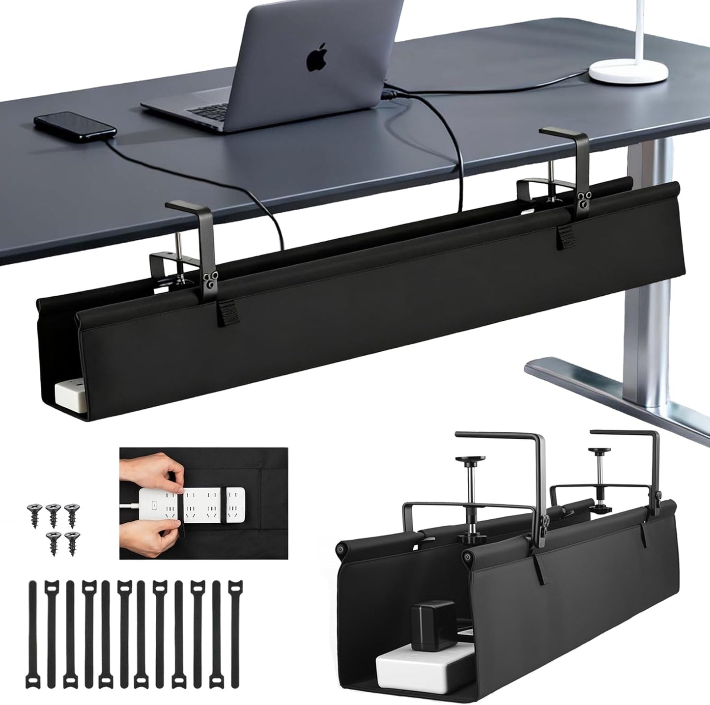 Oxford Cloth Under Desk Cable Management Tray,No-Drill 36" Desk Cable Management Organizer with Clip/Screw Installation,Holds Up to 70 lbs,Fabric Cable Management for Home,Office & Gaming Computer