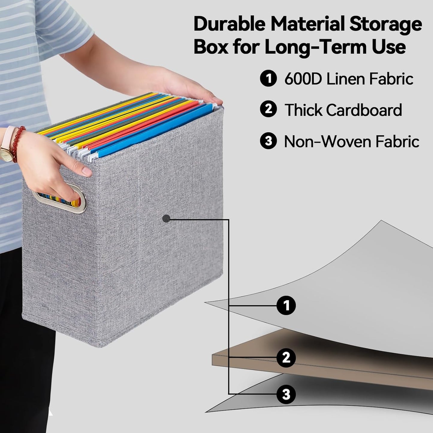 2 Packs Letter Size File Organizer, File Folders Organizer, Fabric Storage Box, Collapsible Paper Organizer with Metal Handle, Smooth PVC Rails, Only Box (Gray)