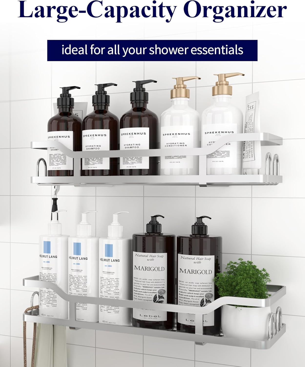 Kitsure Shower Caddy Extra Large - Adhesive Shower Organizer, Stainless Steel Shelf for Inside Shower, No Drill Bathroom Organizers and Storage, Home Decor Accessories, 2 Pack,Sliver