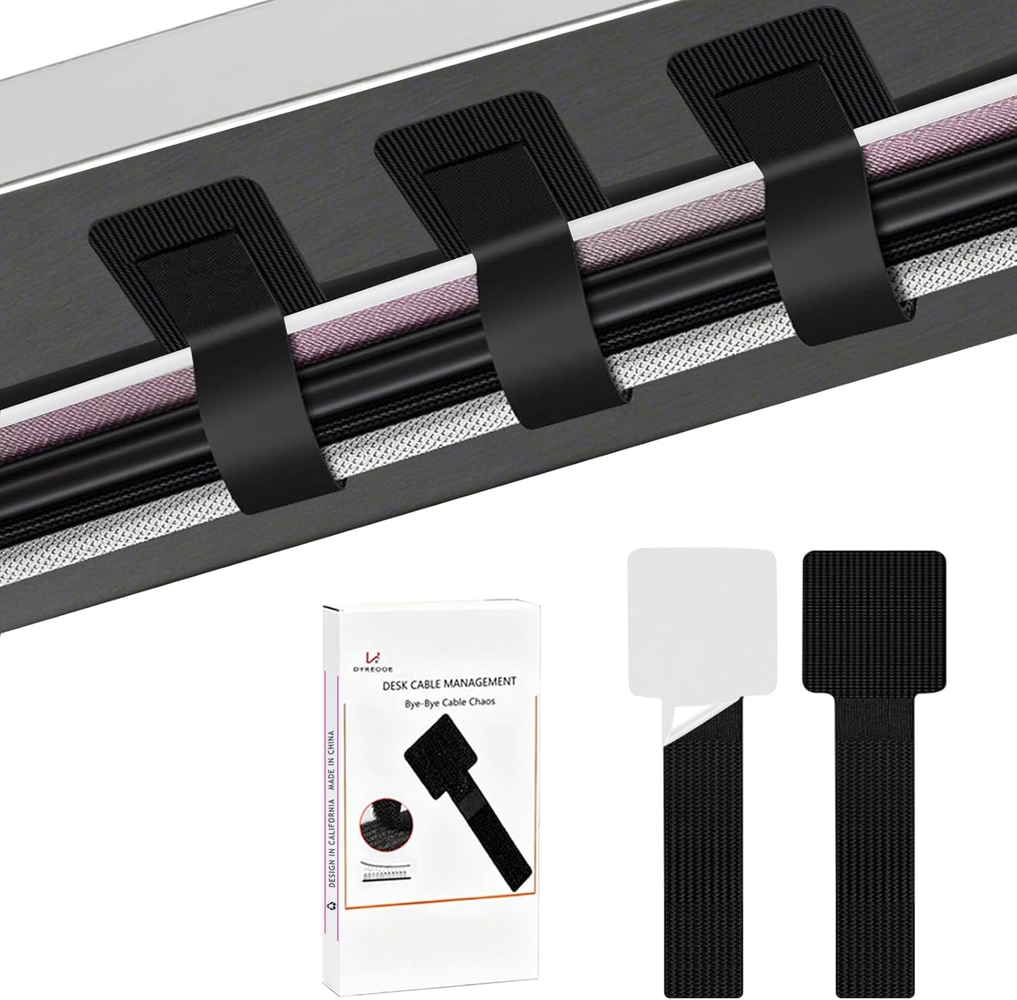 Desk Cable Management, Wire Organizers for Cords - Upgrade 48 PCS Black Sticky Back Self Adhesive Cable Ties, Hook and Loop Straps for Home or Office Use