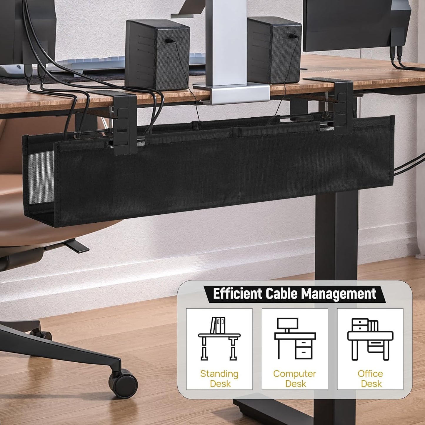 No Drill Under Desk Cable Management Tray, 27.56in Cord Management with Ventilated Mesh, Clamp/Screw Mount Cord Organizer, Fabric Standing Desk Cable Management for Office, Home