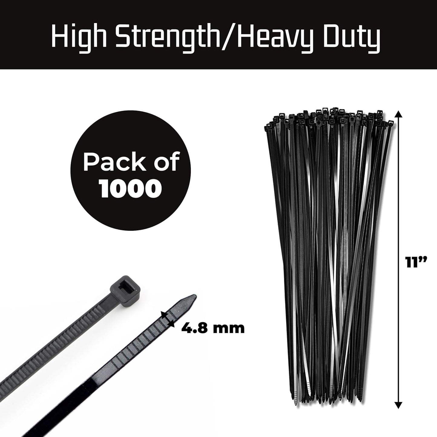 Bolt Dropper 11" Black Cable Ties, 1000 Pack, 50 lbs Tensile Strength - Heavy Duty Zip Ties, Self-Locking Premium Nylon Tie Wraps for Indoor and Outdoor Cable Management (Black)