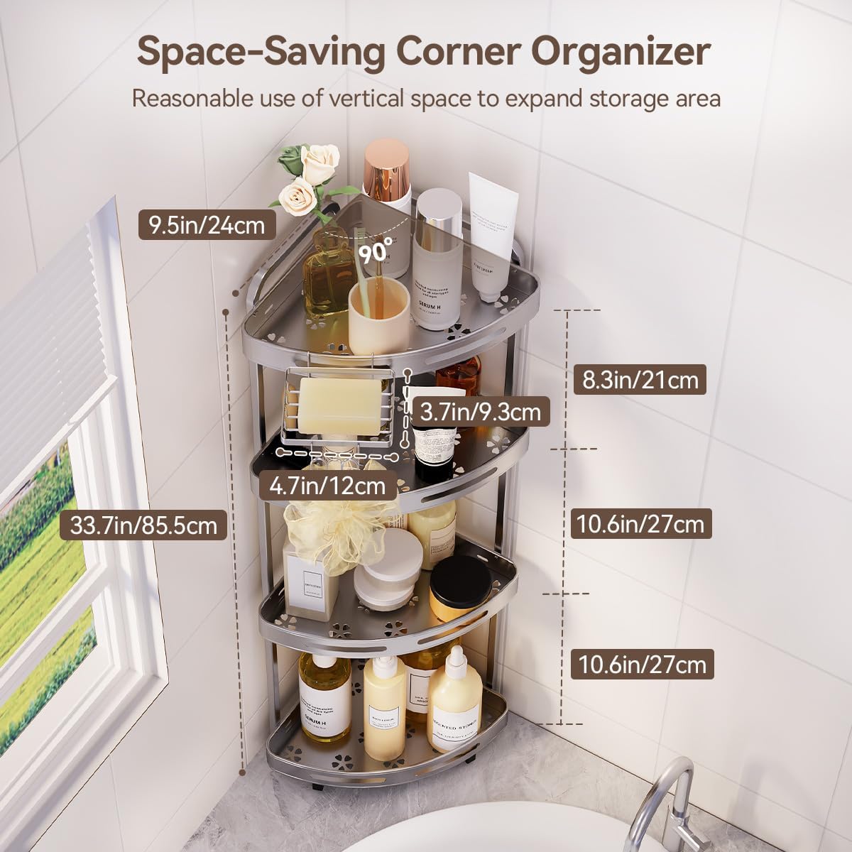 Corner Shower Caddy, 4 Tier Standing Shower Organizer with Soap Holder, Rustproof Stand Shower Shelves for Bathroom Shampoo Storage, Silver