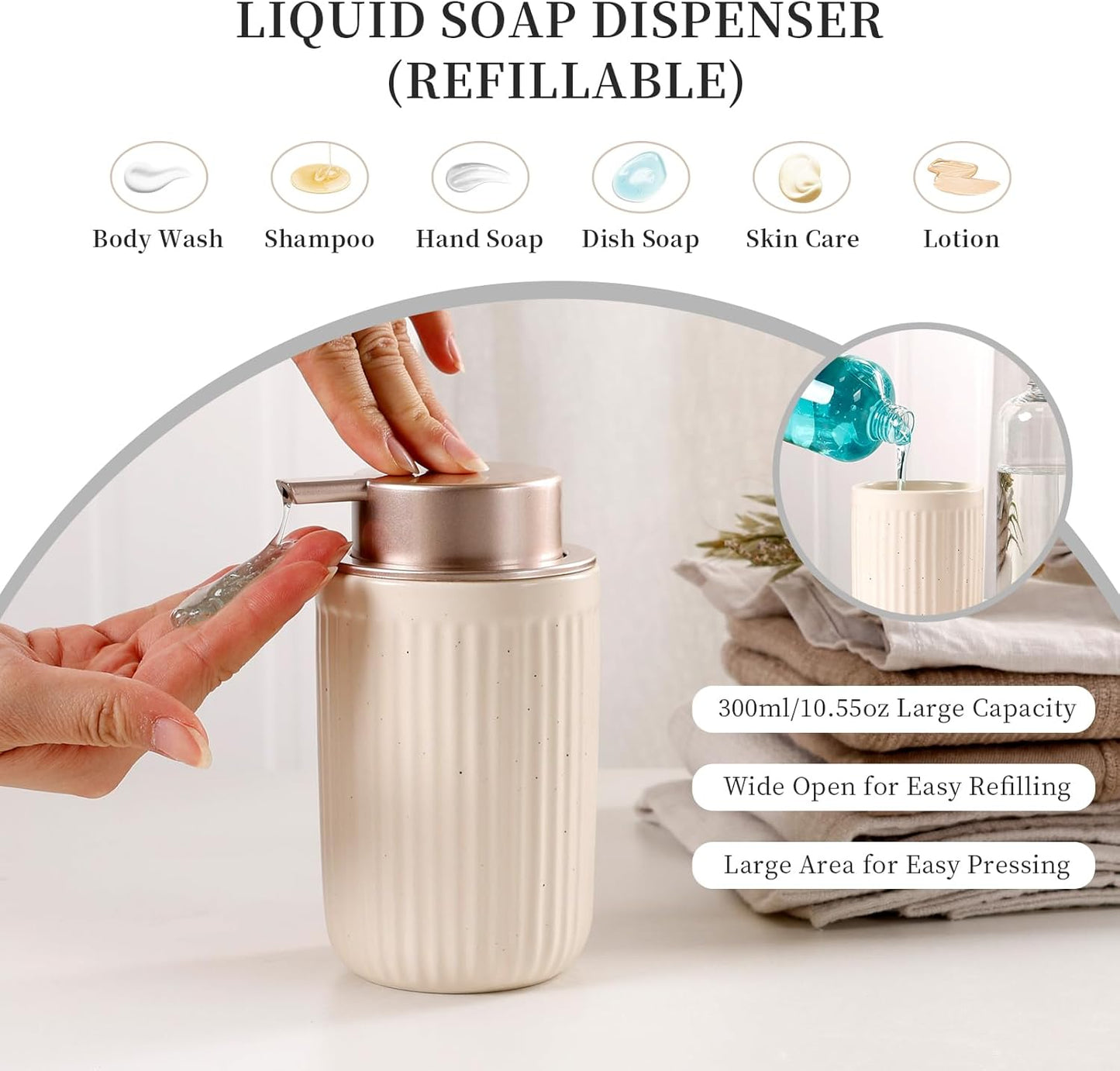 BosilunLife Bathroom Accessories Set - Ceramic Bathroom Set Bathroom Decor Sets Bathroom Counter Lotion Soap Dispenser and Toothbrush Holder Set, Soap Dish, Apothecary Jar (Striped Apricot)