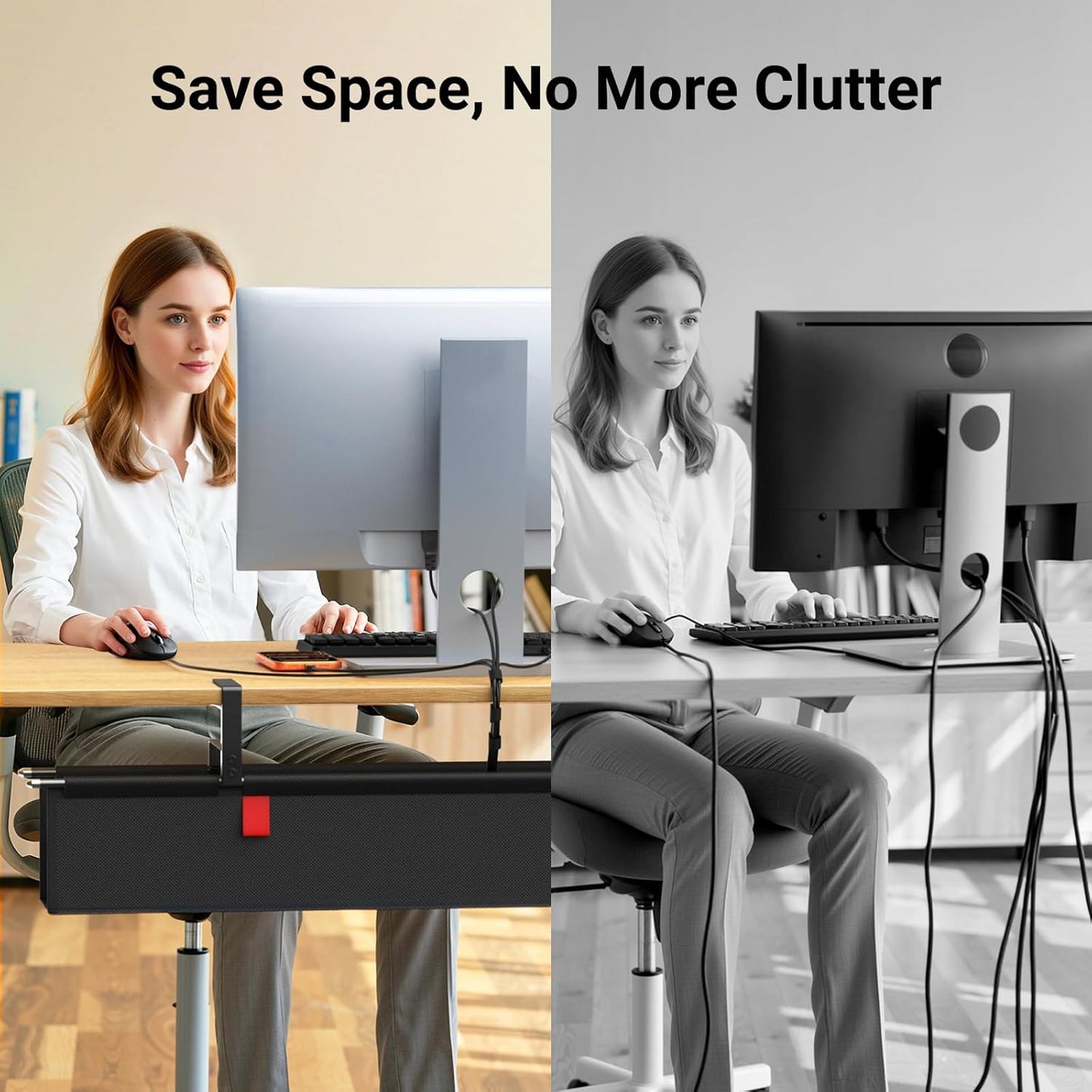 Housolution Under Desk Cable Management Tray, 36'' Longer Cord Management Under Desk, Premium Fabric Cable Storage Organizer, No Drilling Clamp/Screw Mount Cord Organization Tray for Office Home