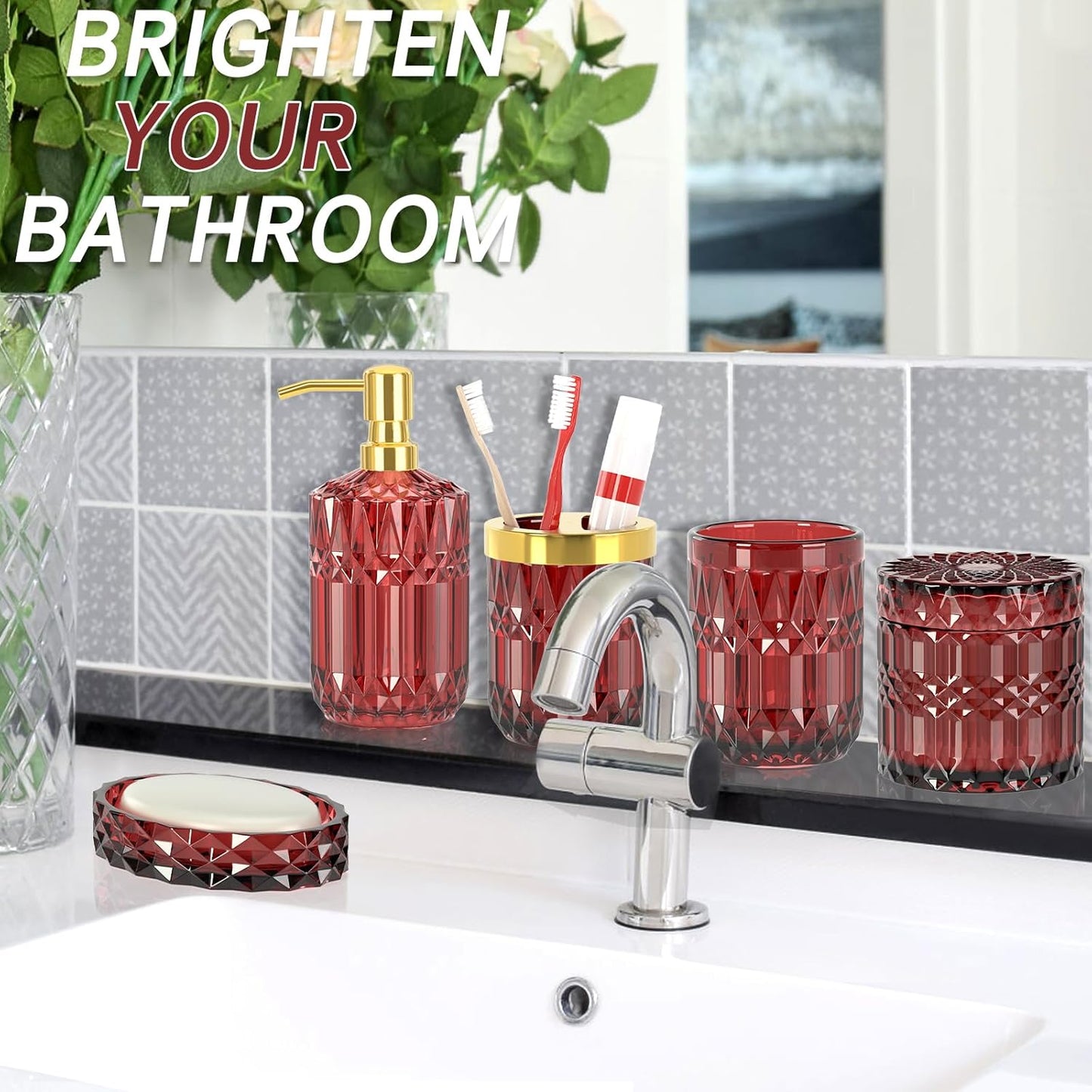 5Pcs Bathroom Accessories Set, Glass Soap Dispenser Set with Rust Proof Stainless Steel Pump, Soap Holder, Toothbrush Holder, Tumbler, Cotton Swab Jars, Red Bathroom Set Bathroom Decor Sets Gift