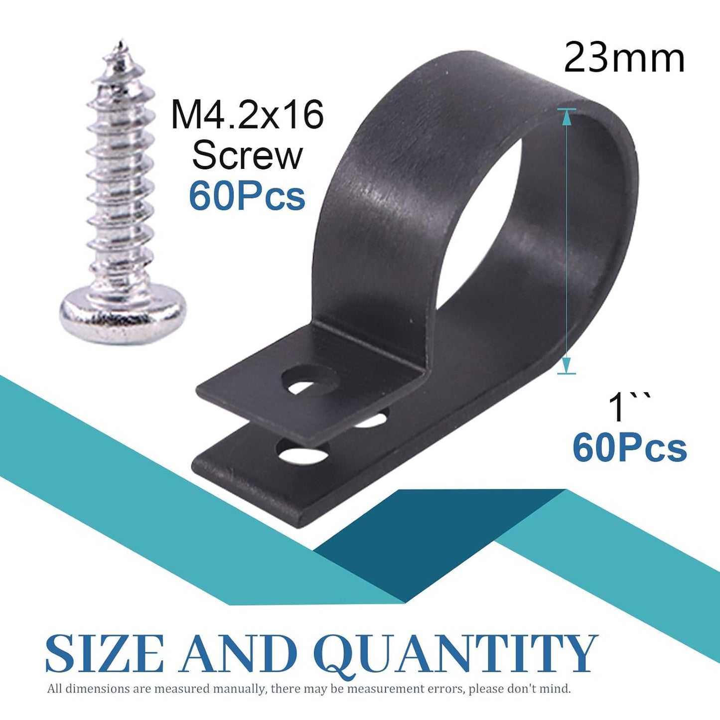 Glarks 60Pcs 1 Inch Black Nylon Screw Mounting R-Type Cable Clip Wire Clamp with 60Pcs Screws for Wire, Cable, Conduit and Cable Conduit Kit (Black)