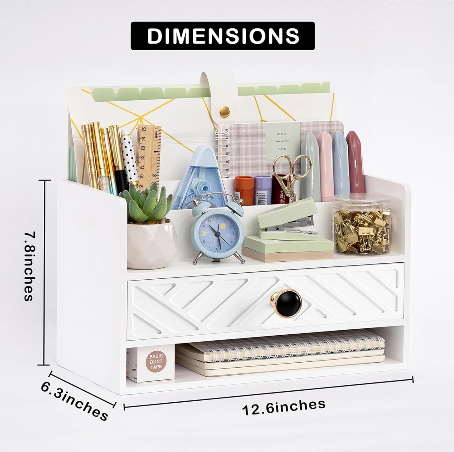 white Wood Desk Organizer and Accessories with Drawer, Bill Mail Organizer and File Mail Holder for Office Supplies, Desk Accessories & Workspace Organizers for Desk Organization