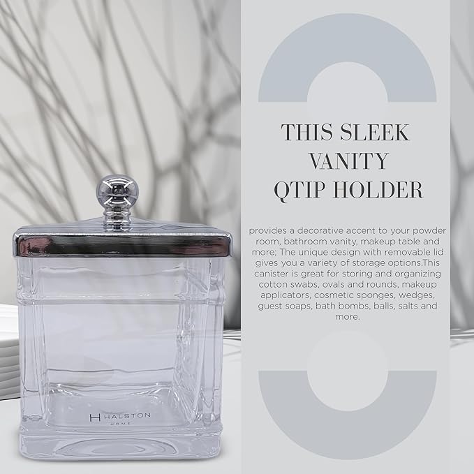 Apothecary Glass Cotton Jar Holder Silver Stainless Steel Lid, Elegant Bathroom Storage Canister for Qtips, Cotton Balls, Floss, Makeup Organizer, Vanity Bathroom Organization