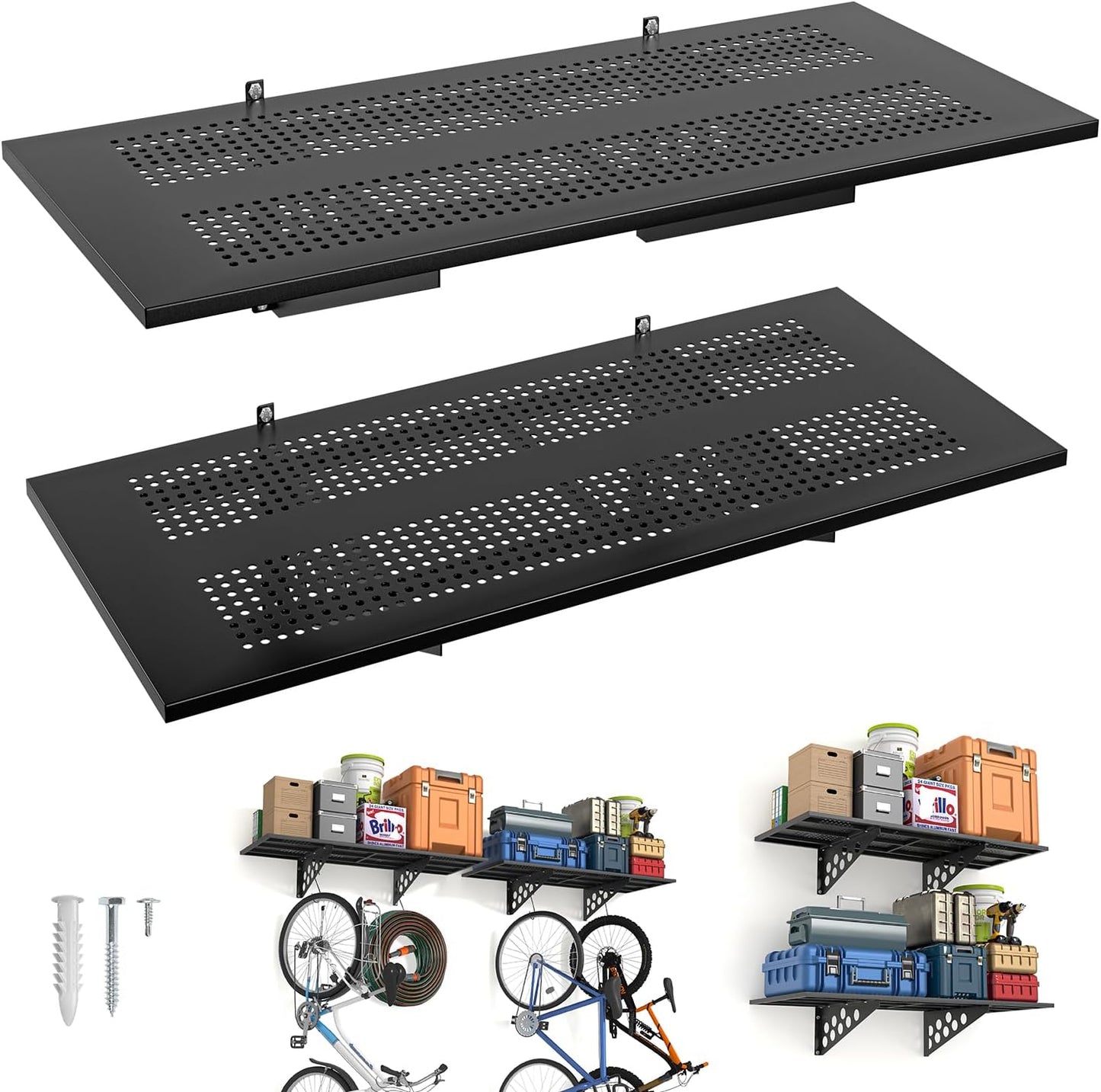 2 Pack 1,5x4ft Heavy Duty Garage Wall Shelving, Garage Shelving Wall Mounted, Storage Rack with Hooks (Black)