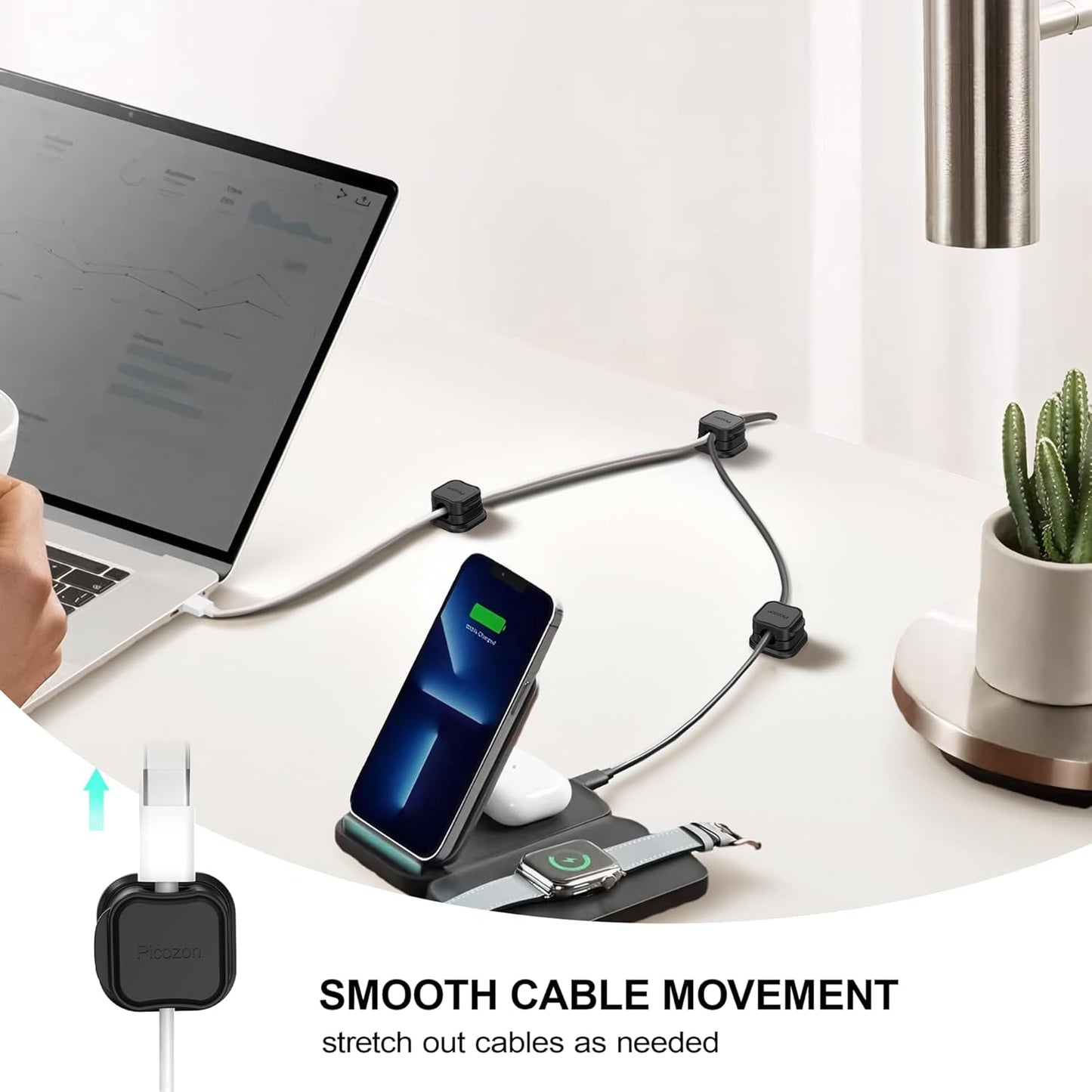 12 Pack Magnetic Cable Clip Organizer Cord Holder, Picozon Adhesive Cable Management, Wire Phone USB Charger Cable Holder Keeper Organizer for Car, Office Home Desktop, Wall, Night Table - Black