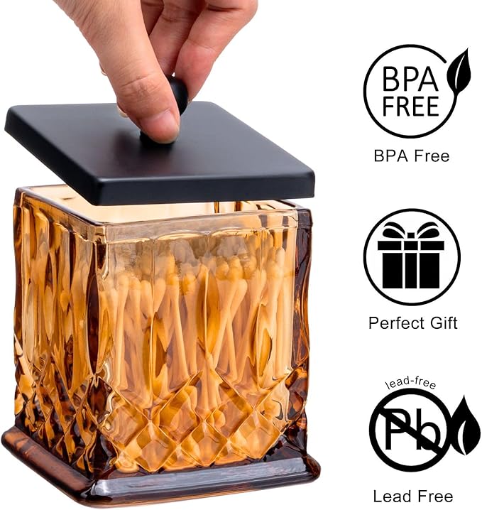 Qtip Holder,15Oz Amber Glass Apothecary Jars with Matte Black Lids for Bathroom Organization & Desk Storage,Thick Glass Apothecary Jars for Q-Tips,Cotton Rounds,Jewelry,Candy,Square