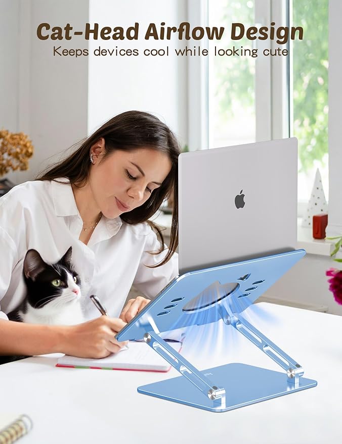 Laptop Stand for Desk – Portable Adjustable Laptop Riser & Holder, Foldable Computer Stand Compatible with MacBook Air Pro, Dell, HP, Lenovo (10"-17.3"), Featuring Cat Panel Design, Sky Blue