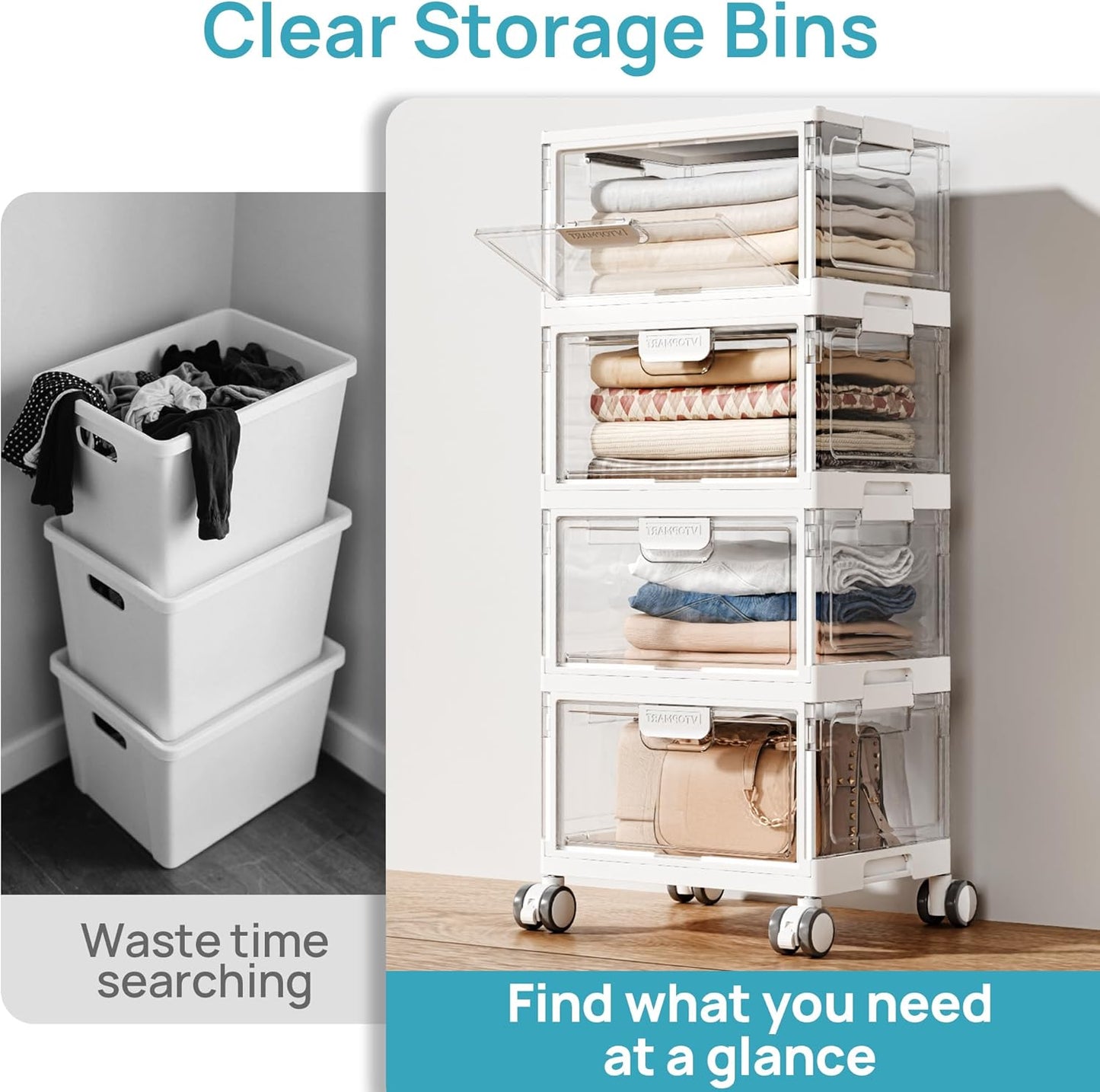 Vtopmart 4 Tier Plastic Storage Bins with Lid 24QT,Clear Stackable Closet Organizers and Storage with Wheels,Foldable Plastic Organizer Bins for Bathroom,Living Room,Bedroom,Craft Room, Office,Dorm