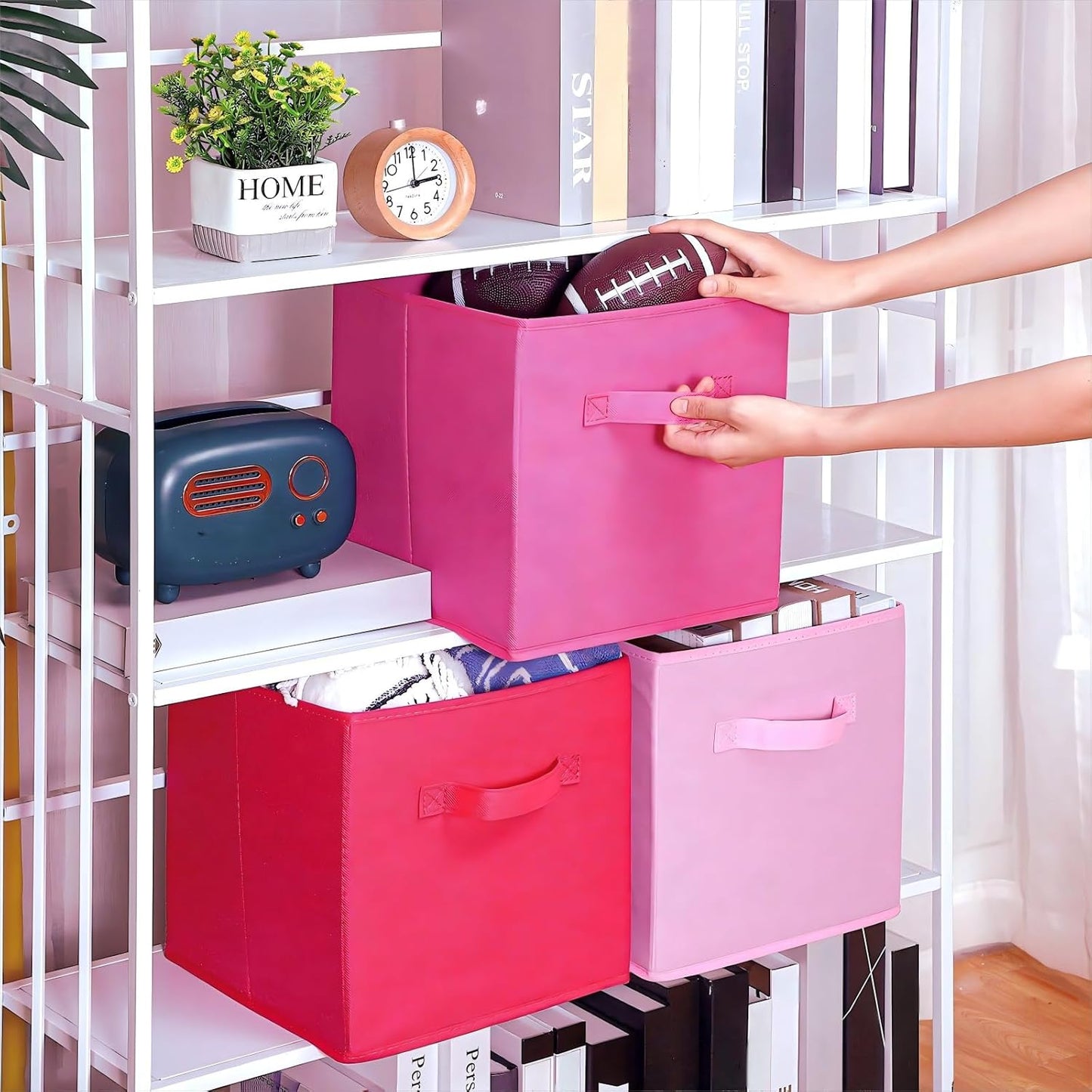 Karenhi 11" x 10. 5" x 10. 5" Pink Storage Cube, 6 Pack Fabric Cube Storage Bins Organizer Box, Collapsible Baskets with Handles Foldable Shelf for Cloth Toys Home Room Closet, Pack of 6