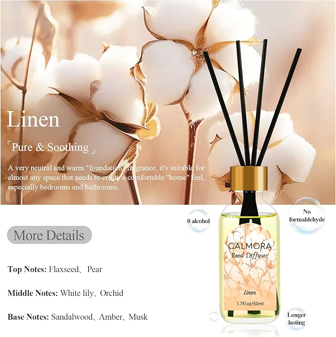 CALMORA Reed Diffuser for Bathroom & Bedroom, 3-Pack 50ml Citrus/Linen/Vanilla Scented Oil Set with 15 Sticks | Home Fragrance Diffuser, Flameless Air Freshener