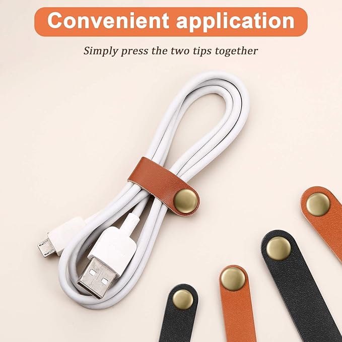 52 Pieces PU Leather Cable Straps, Earbud Cord Organizer, PU Leather Handmade Portable USB Cord Holder, Earphone Cable Tie Cable Management, for Travel, Home, School, Office (Black, Brown)