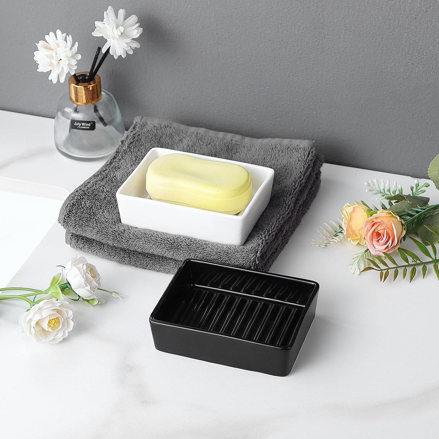 Black Rectangle Soap Dish - Modern Ceramic Hand Soap Holder Non-Slip Bar Soap Holder Soap Tray for Bathroom, Kitchen Sink, Shower, Countertop, Easy to Clean