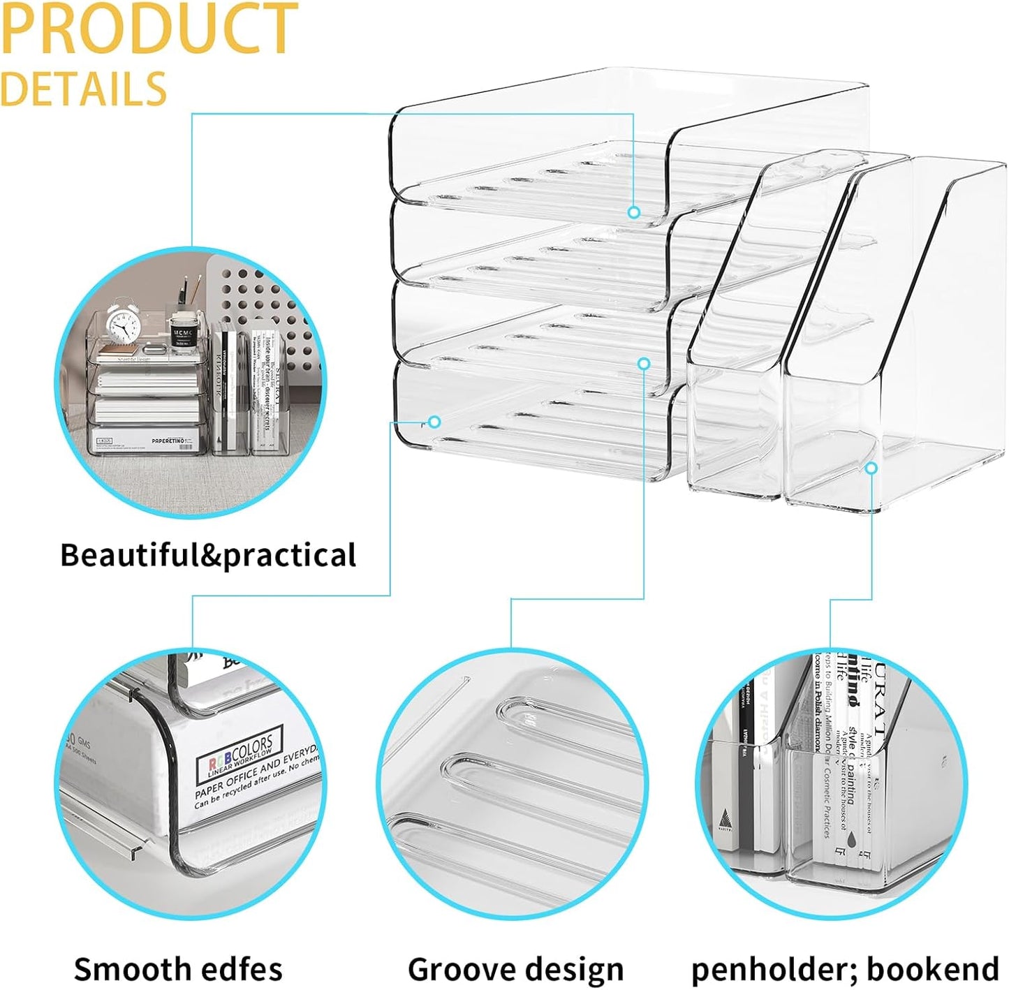 4-Tier Brown Acrylic Paper Tray Organizer for Desk + 2 Bookends – Stackable Letter Tray, Acrylic Desk Accessories/File Organizer, Office Paper Organizer