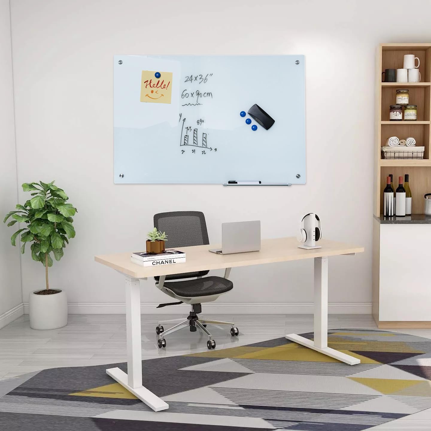 Glass Whiteboard 36"X24" Magnetic Dry Erase Board Frameless Wall Mounted White Board WritingBoard for Office School Home Accessory Tray, 3 Dry Erase Marker,4 Glass Board Magnets and 1 Magnetic Eraser