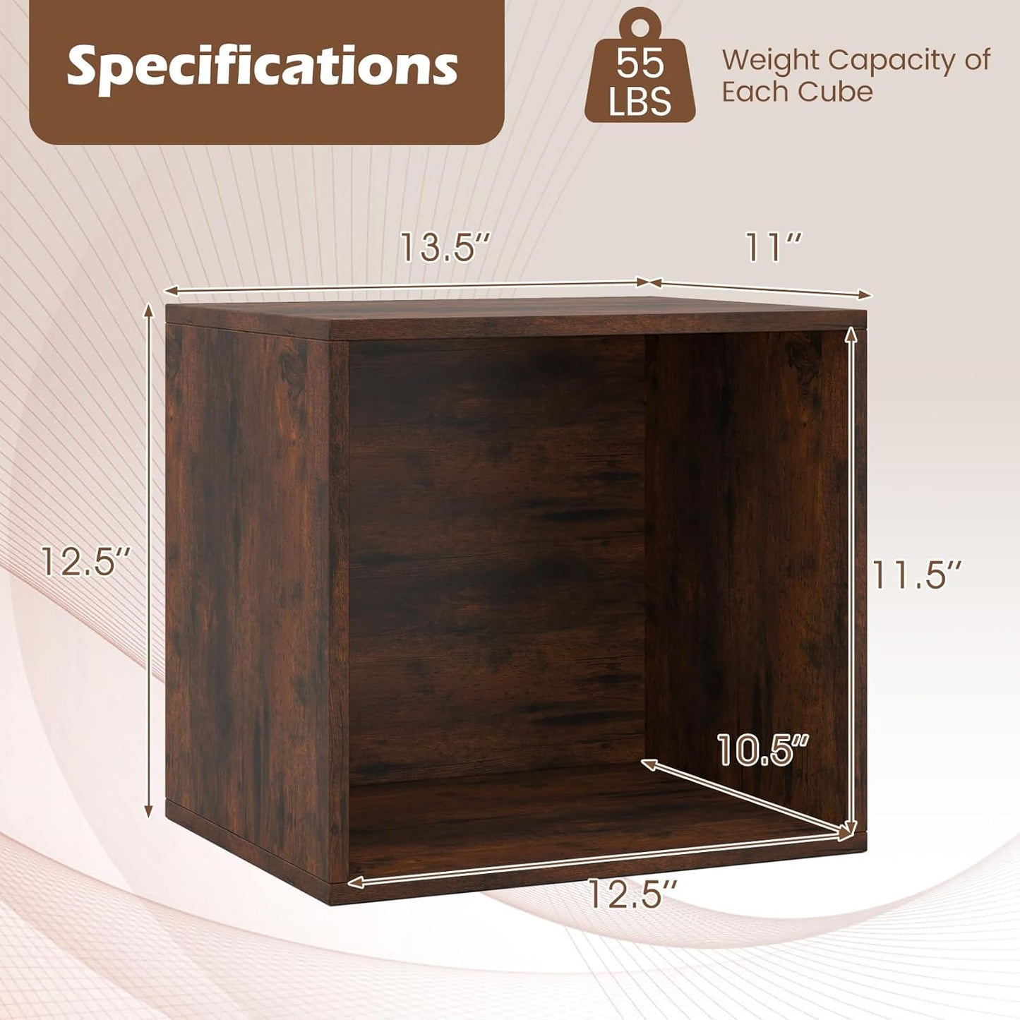 Stackable Cube Bookshelf, Modular Cubby Storage Organizer, Small Bookcase for Small Spaces, Combination Cubical Shelf, Wooden Display Shelving Unit (Rustic Brown, 1-Cube)