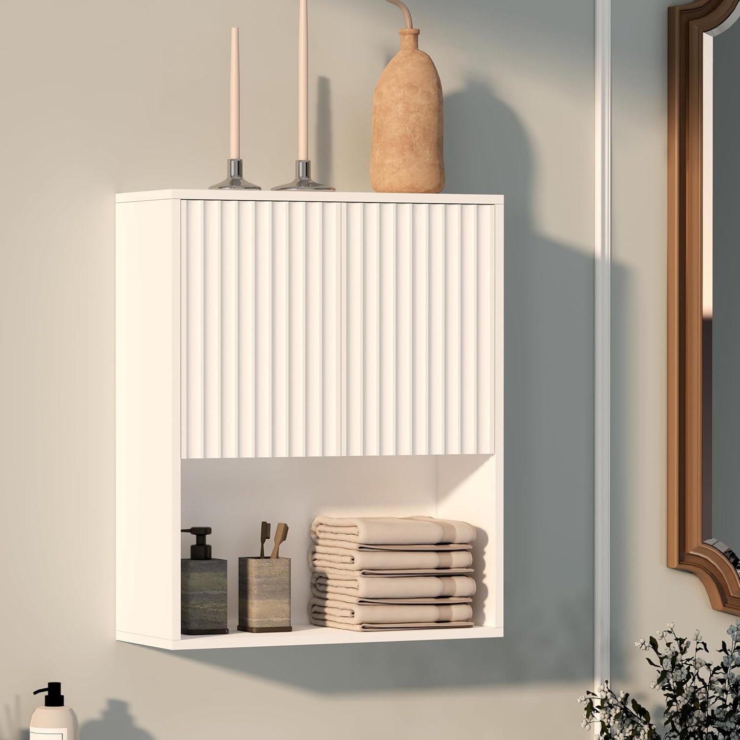 Fluted Bathroom Wall Cabinet,Medicine Cabinet with Adjustable Shelf,Over The Toilet Storage Cabinet for Laundry,Hanging Cabinet,Kitchen and Living Room Cabinets (White)