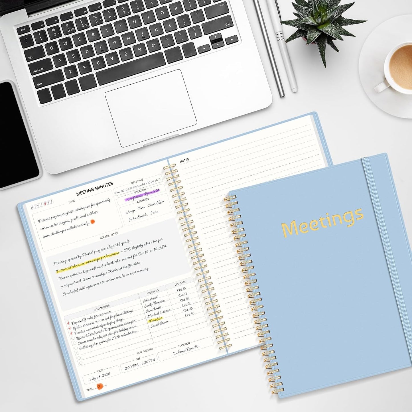 SUNEE Half Meeting Half Note 8.5"x11" Notebook for Work – 140 Pages, A4 Size Project Planner for Women&Men, Minutes Organizer for Meeting Notes, Ideas for Office/Business, PVC Waterproof Cover, Blue