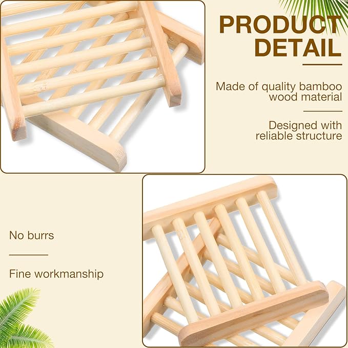 Amyhill 70 Pcs Bamboo Wood Soap Dish Bulk Bathroom Wooden Soap Holder Savers Self Draining Dishes Handcraft Tray, 3.3 x 3.3 x 0.67 Inch (Wood Color)