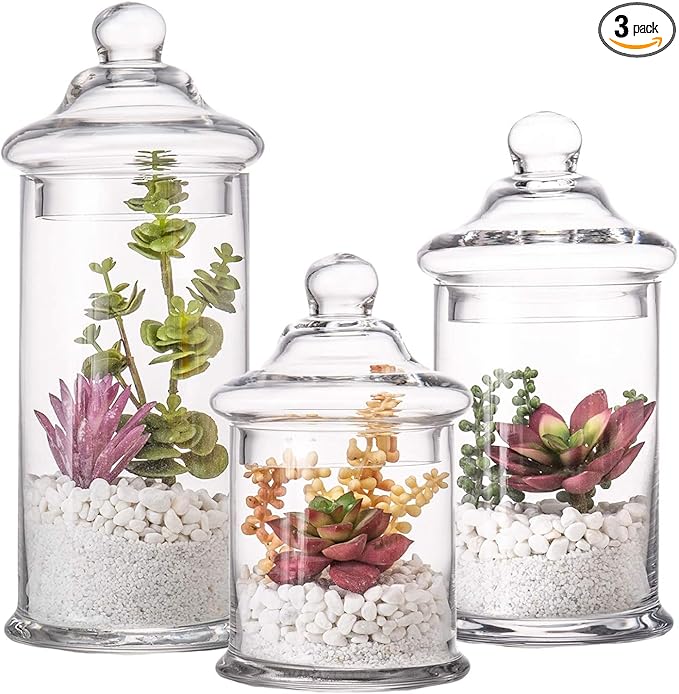 Set of 3 Glass Apothecary Jars with Lids, Clear Bathroom Storage Organizer Canister Set for Qtips, Cotton Swabs, Cotton Balls, Bath Salts (H: 11", 8.5", 7.5", D: 5"; 23 FL.OZ, 34 FL.OZ and 45 FL.OZ)