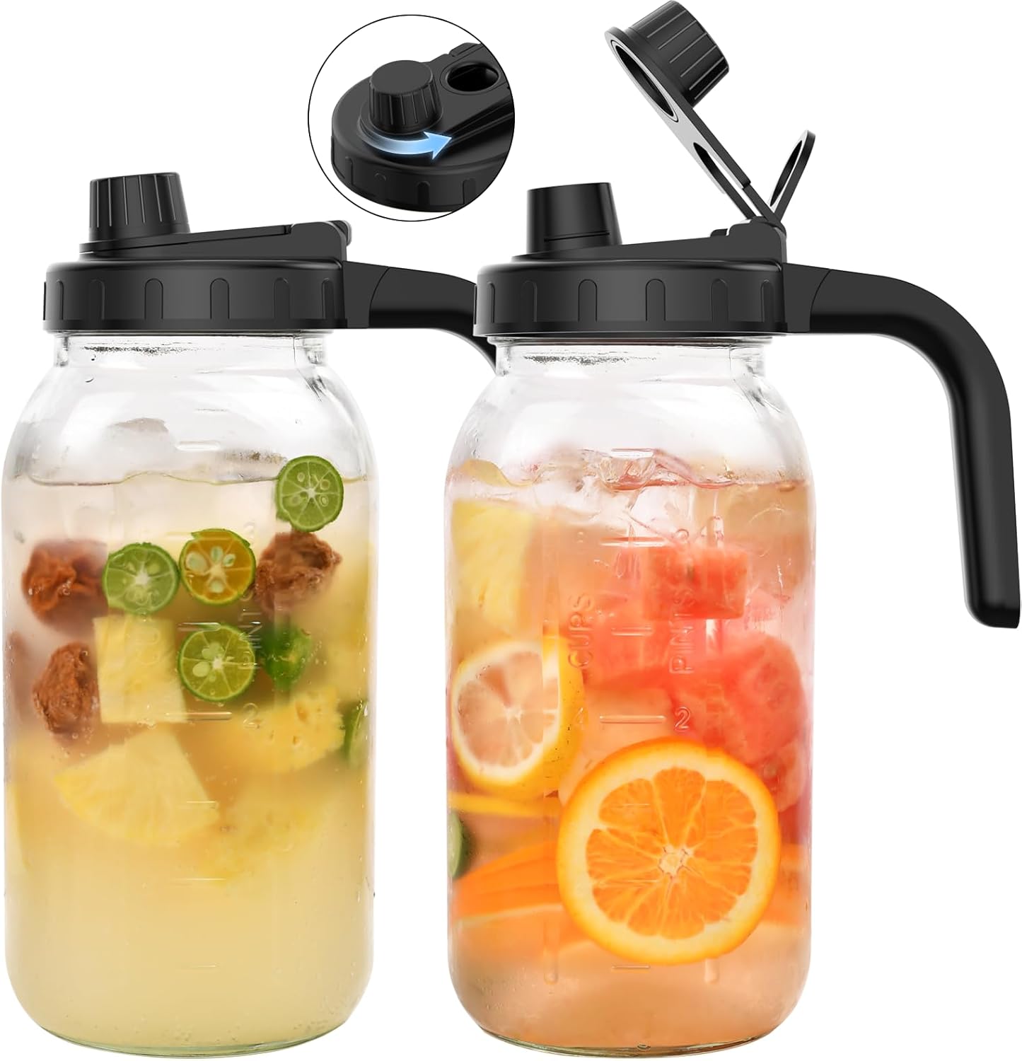 2-Pack 64oz Glass Mason Jar Pitchers with Wide Mouth & Measurement Marks – Leak-Proof Twist Lids for Cold Brew, Iced Tea, Juice, Lemonade