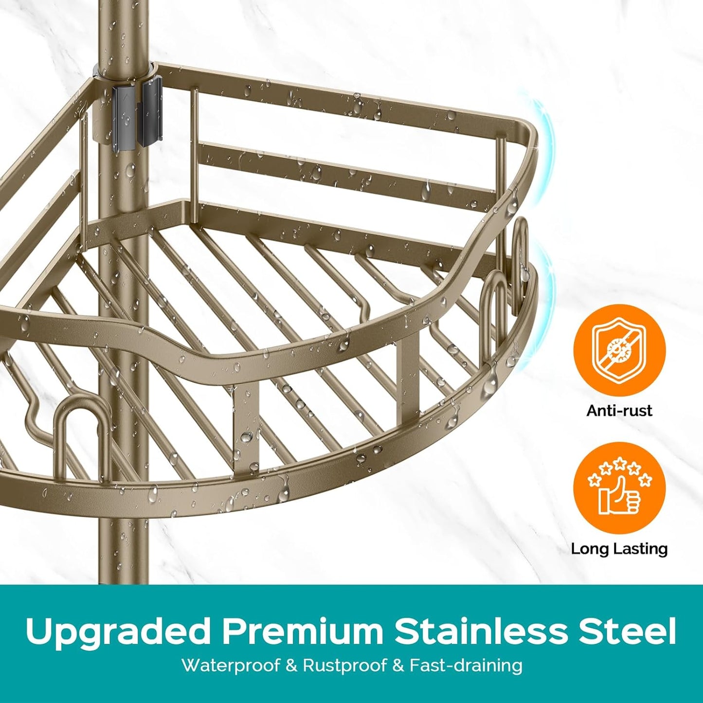 HAMITOR Corner Shower Caddy Tension Pole: Rustproof 4-Tier Bathroom Organizer Shelves for Bathtub Shampoo Storage - 47-121 Inch Quick Install Adjustable Rod Standing Rack with Soap Rack - Matte Gold