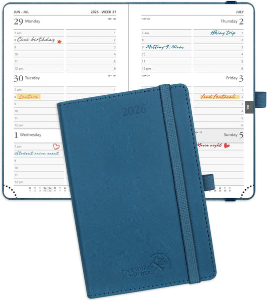 POPRUN Pocket Calendar 2026 (Small Size- 4'' x 6.25") Weekly and Monthly for Purse - Planner 2026 (Jan. 2026 - Dec. 2026) with Vegan Leather Soft Cover, Pen Holder and More - Night Sky Blue