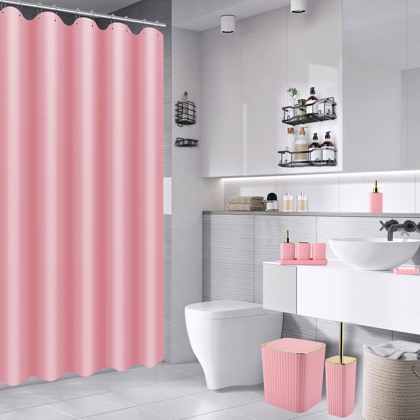 28PC Bathroom Set - Gorgeous Pink Bathroom Set, Bathroom Accessory Set, Pink Shower Curtain Set with 5PC Shower Caddy